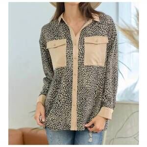 NEW DOE AND RAE leopard button down shirt in black/taupe: